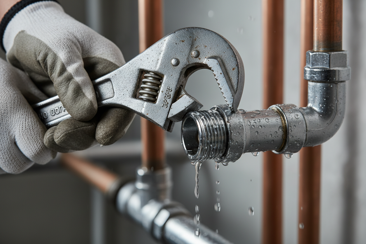 close up of a plumbing tool fixing a water leak