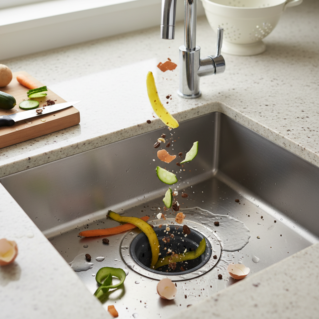 top view of food scraps being through into a waste disposal system