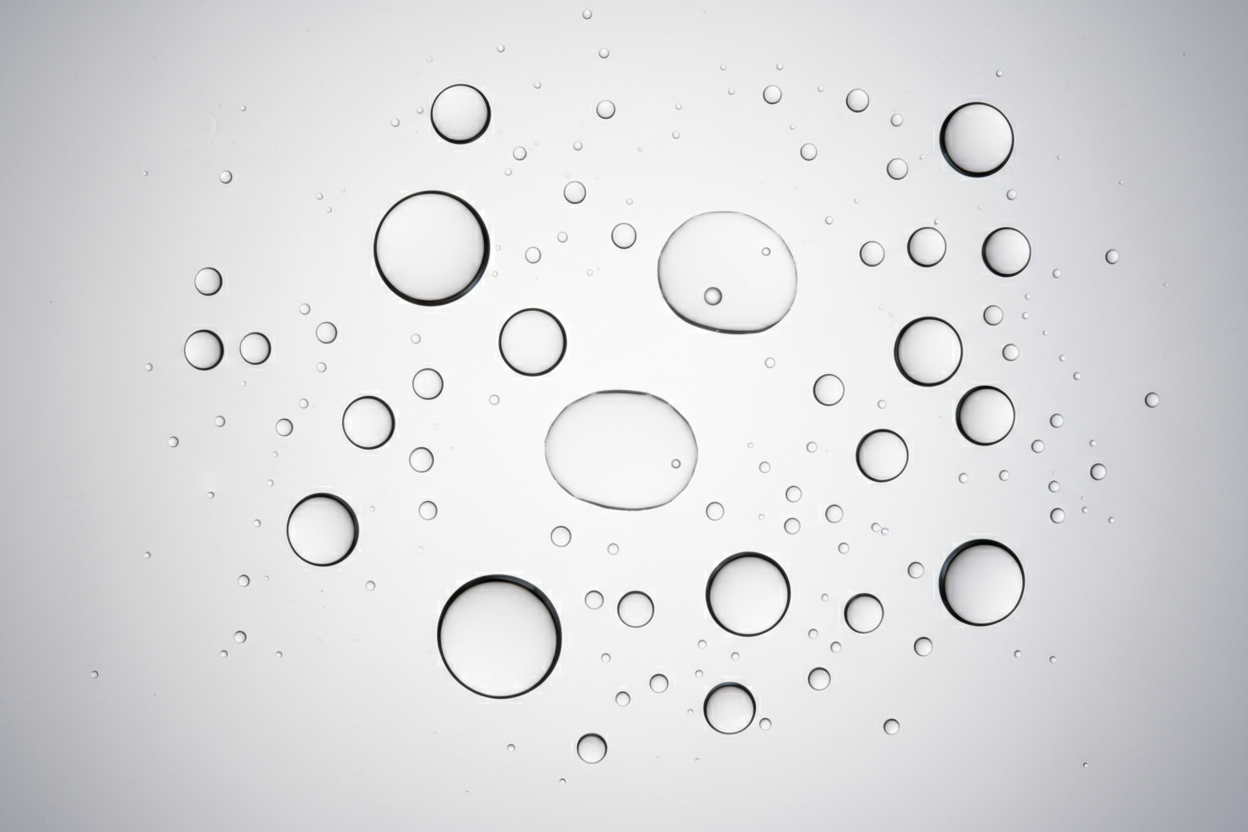 top view of water drops on a light grey white background