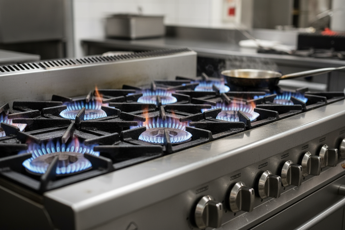 close up of a commercial gas burning stove for a restuarant