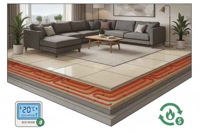Designed for low-water-temperature operation, underfloor heating can reduce energy use and heating costs by up to 20% compared to traditional systems.