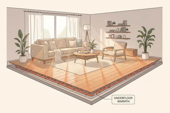 Like the sun, radiant underfloor heating (UFH) warms objects and surfaces rather than just the air — creating a cosy, consistent temperature throughout your space.
