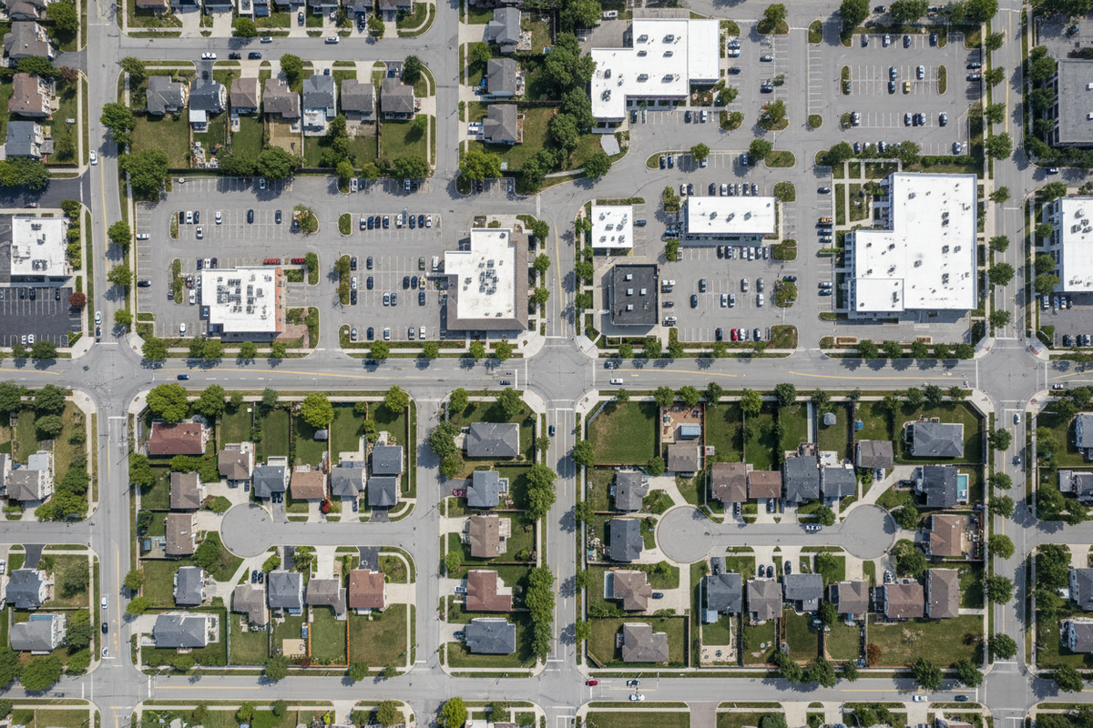 top view of a residential and commercial area