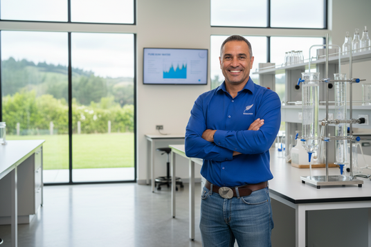 water quality expert friendly kiwi man in denim pants and blue collared shirt